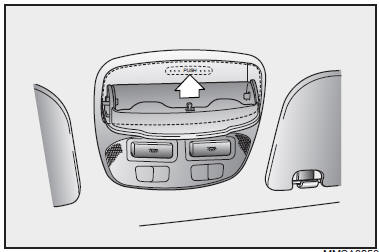 A compartment is provided at the overhead console to store sunglasses. To open
