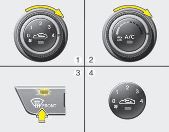 1. Set the fan speed to the highest (extreme right) position. 2. Set the temperature